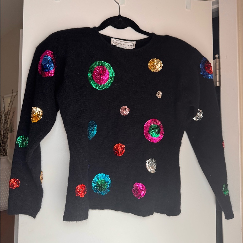 Adrienne Vittadini Black Multi-Colored Sequined Vintage Sweater Shoulder Pads